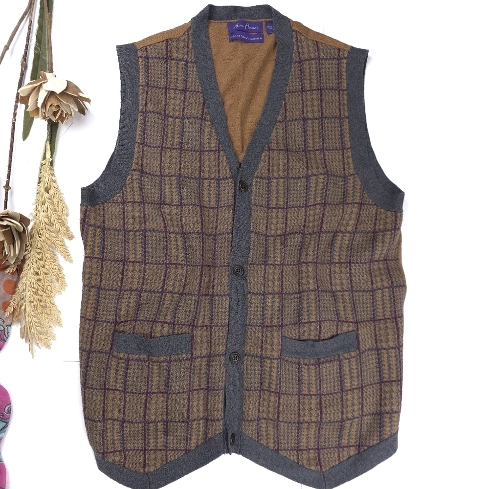 Alan Flusser Cotton Cashmere Brown and Gray Plaid Vest Sz L